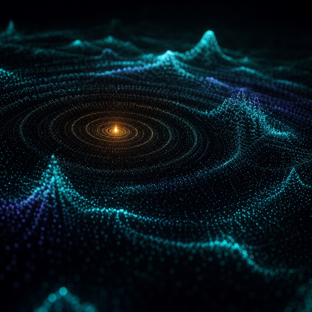 A quiet point-cloud field with a single zone flaring amber and pulsing