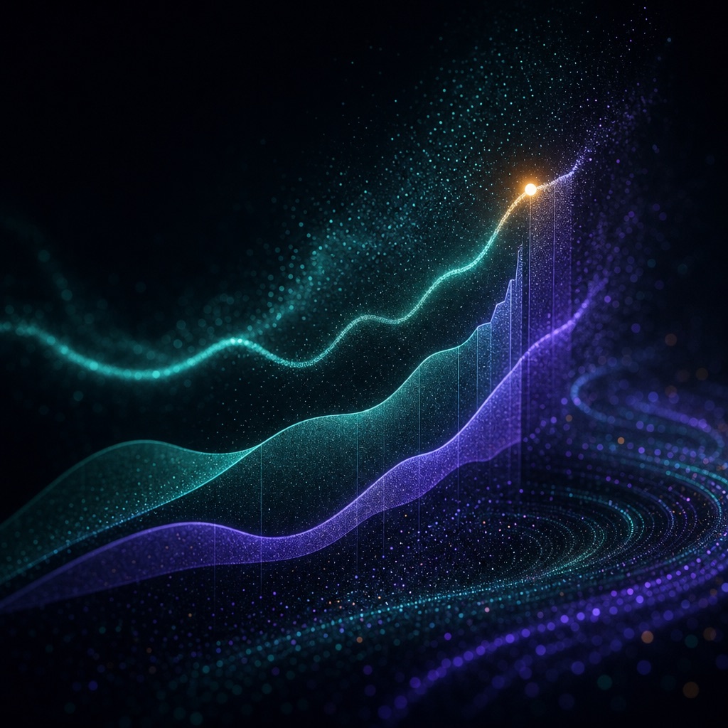 Particle streams condensing into abstract chart ribbons