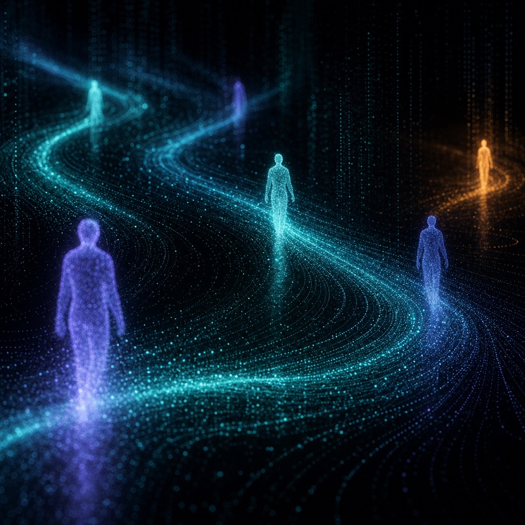 Anonymous luminous silhouettes trailing motion paths that resolve into structured data