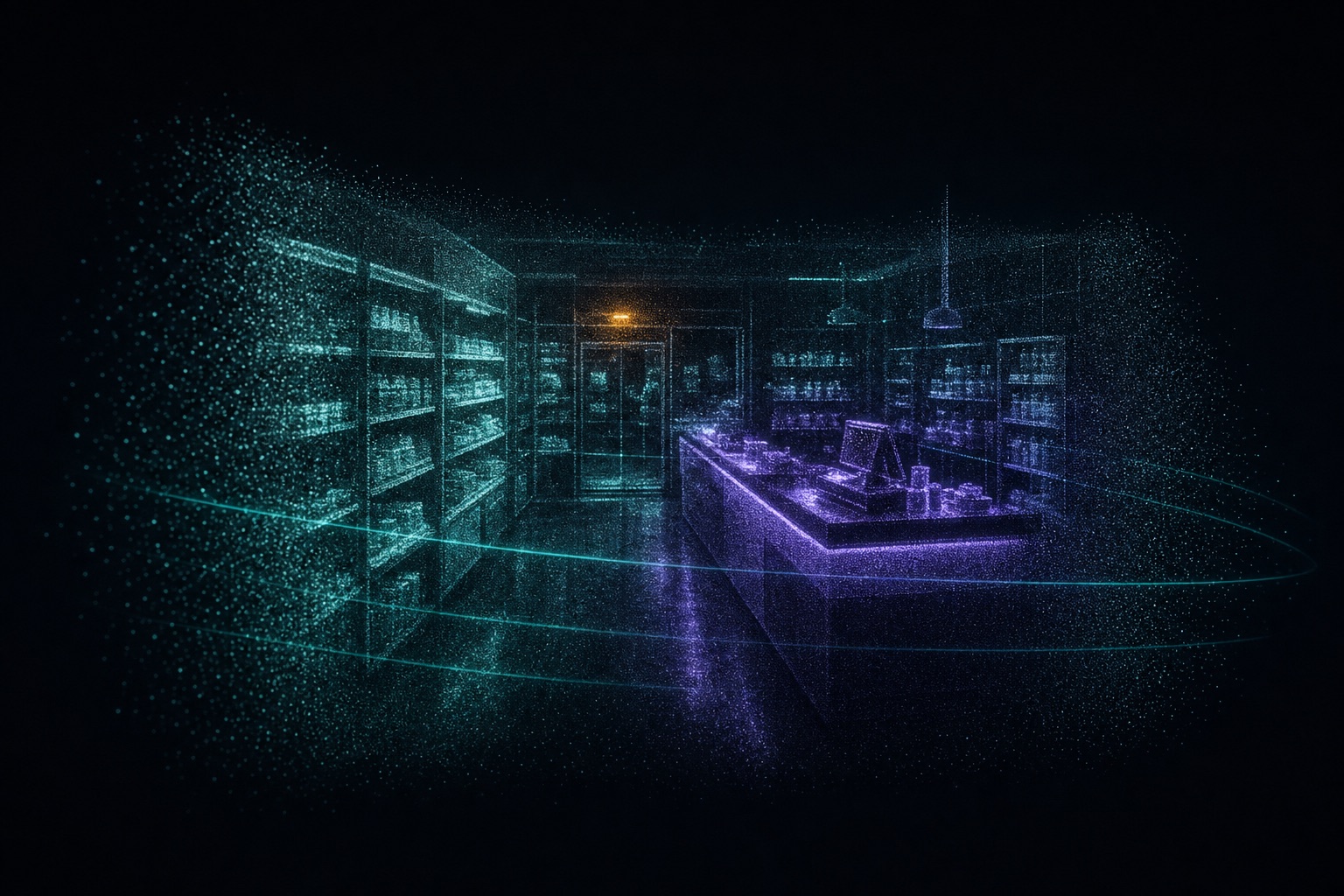 A retail shop interior reconstructed as a glowing volumetric point cloud, with the billing counter region highlighted in violet