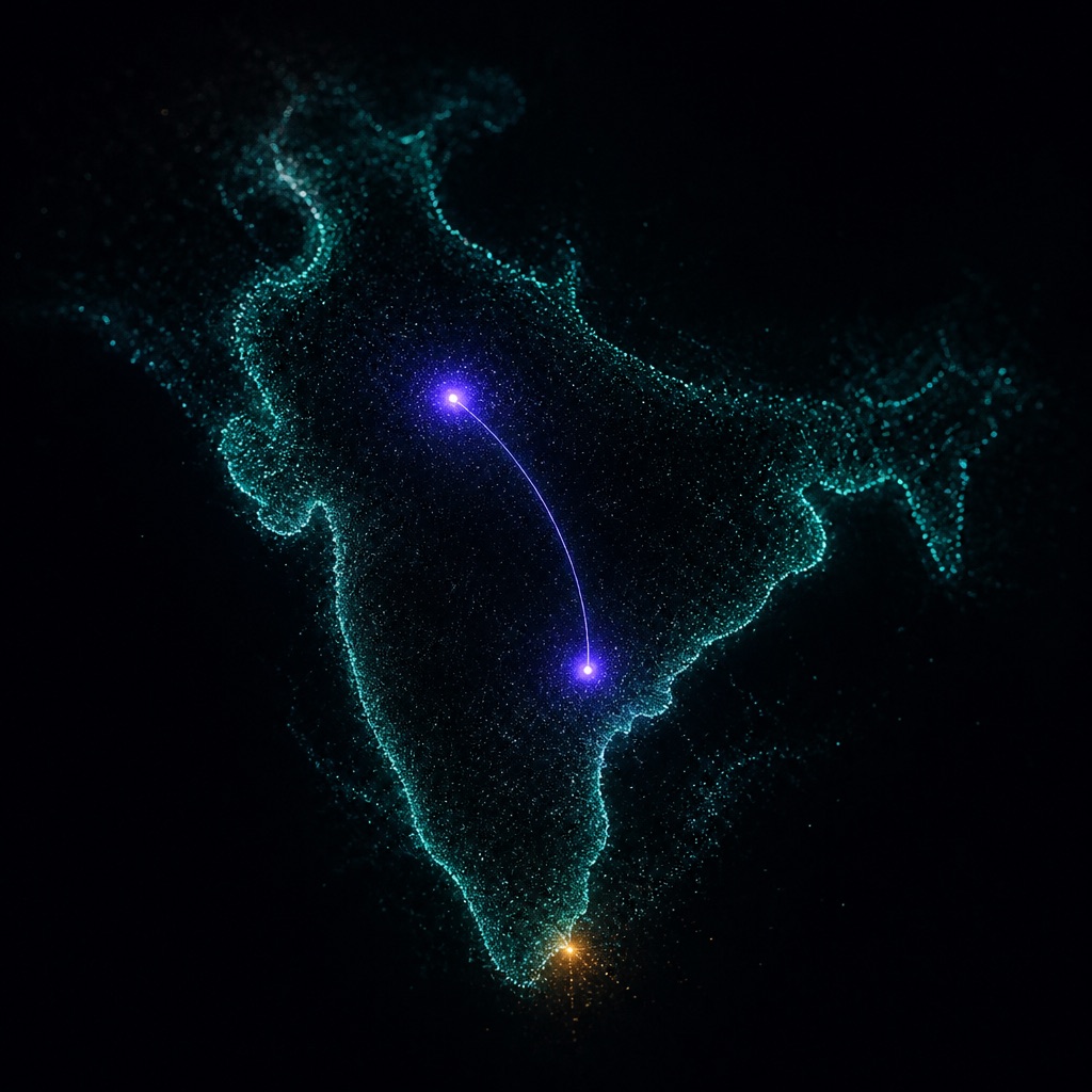 Abstract point-cloud rendering of southern India with two glowing nodes