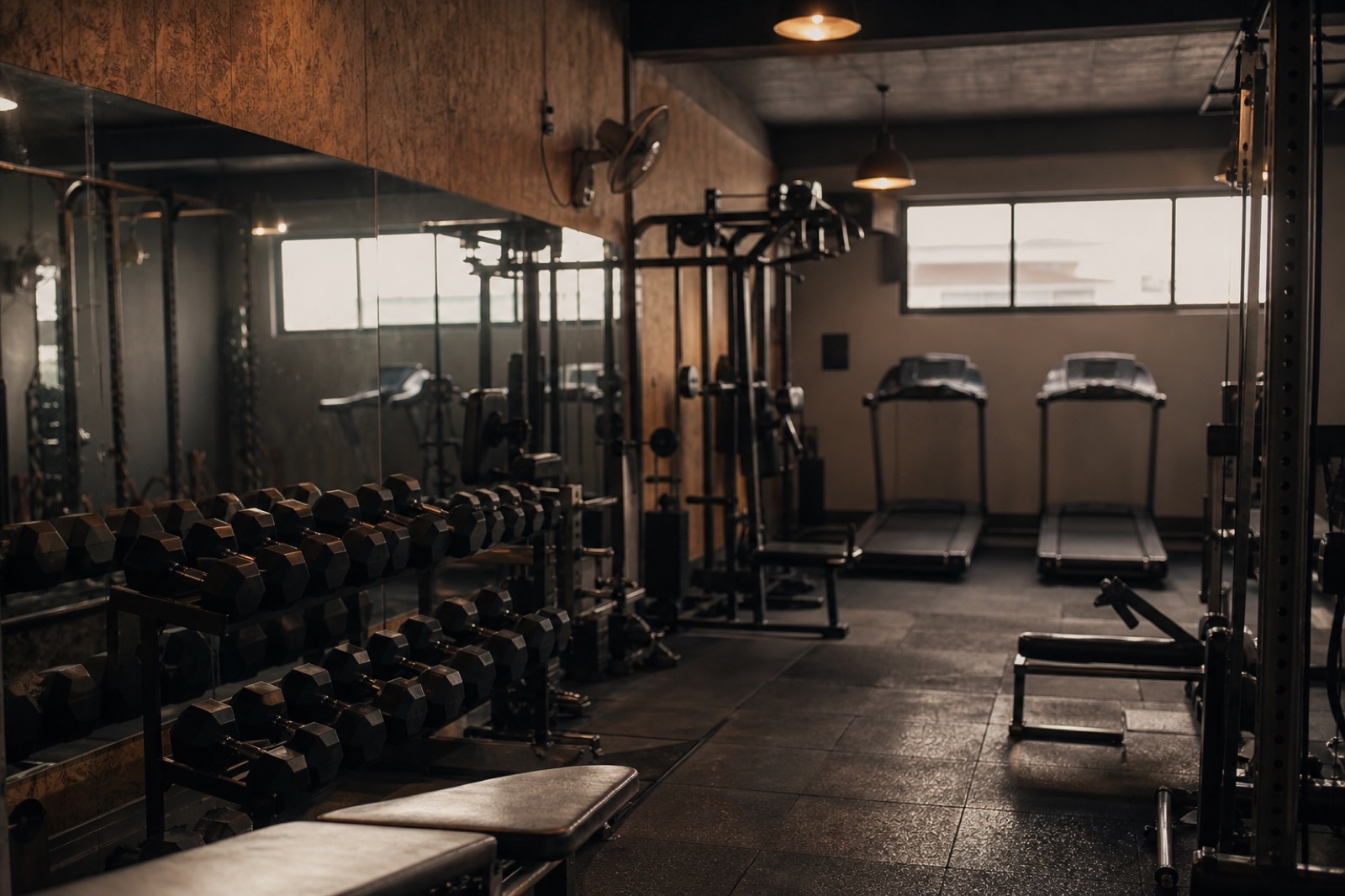 Gym floor with exercise equipment