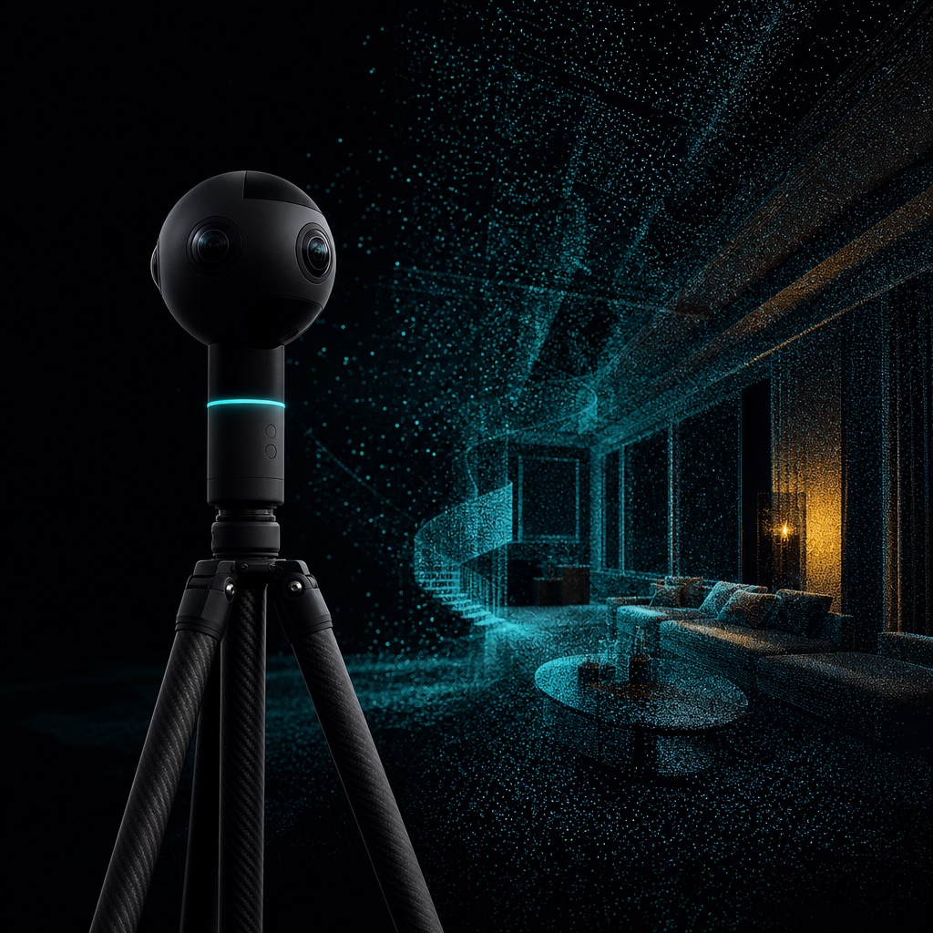 A 360-degree scanning camera on a tripod with the surrounding room resolving into a point cloud