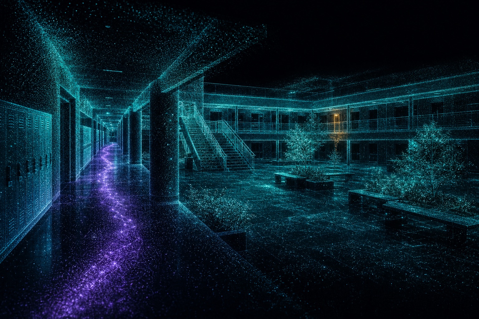A campus corridor rendered as a point-cloud twin