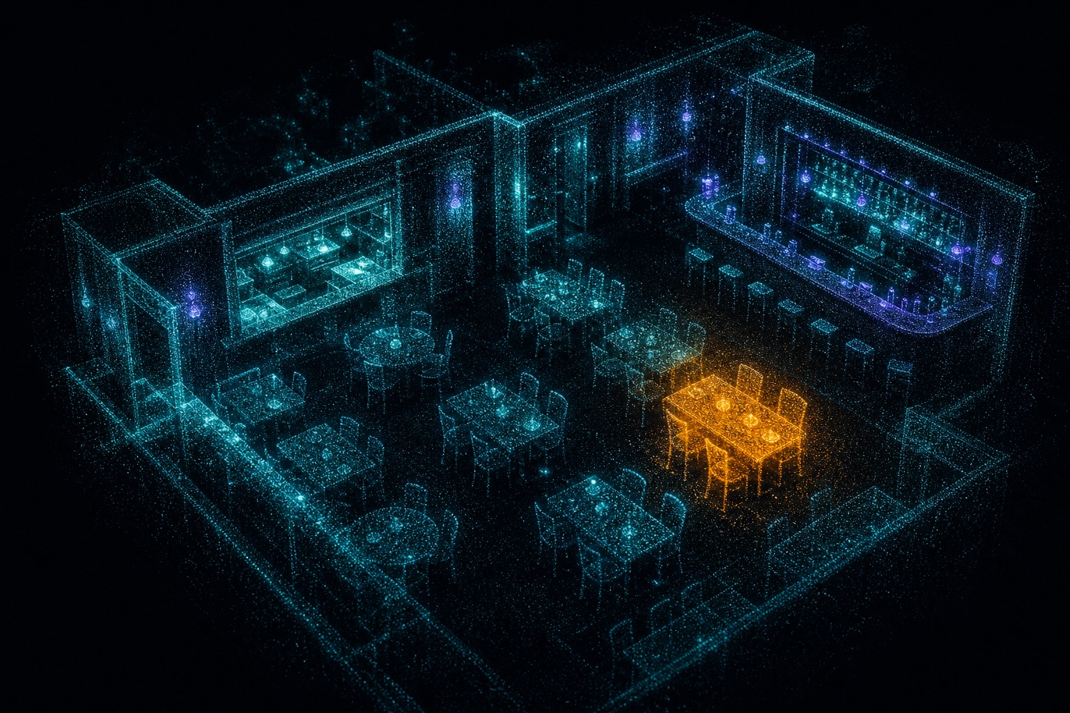 A restaurant rendered as a point-cloud twin