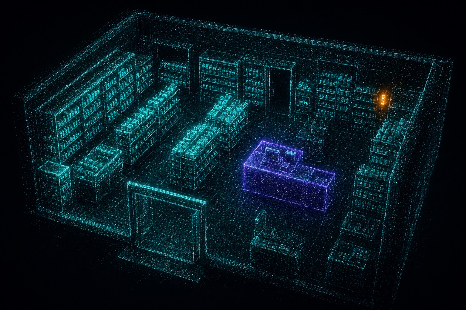 A shop interior rendered as a luminous point-cloud digital twin